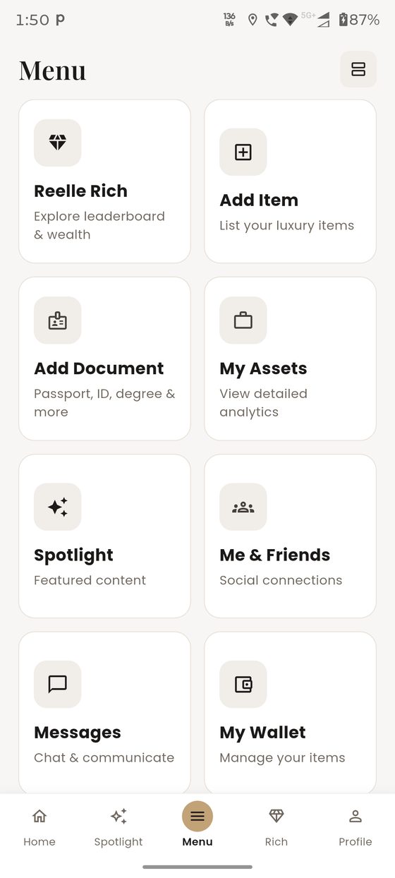 Reelle menu — Rich, Add Item, My Assets, Spotlight, Me & Friends and Messages