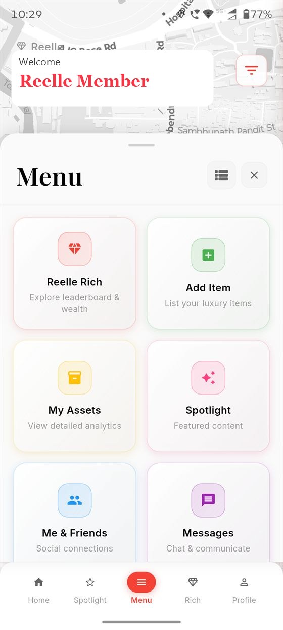 Reelle menu — Rich, Add Item, My Assets, Spotlight, Me & Friends and Messages