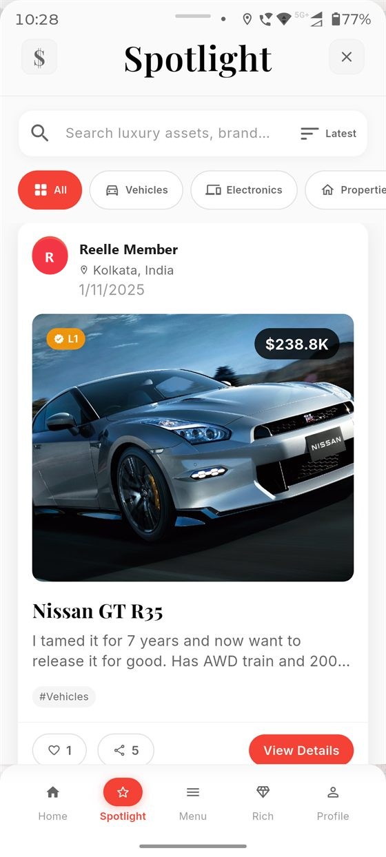 Spotlight post showing a verified asset with price and owner